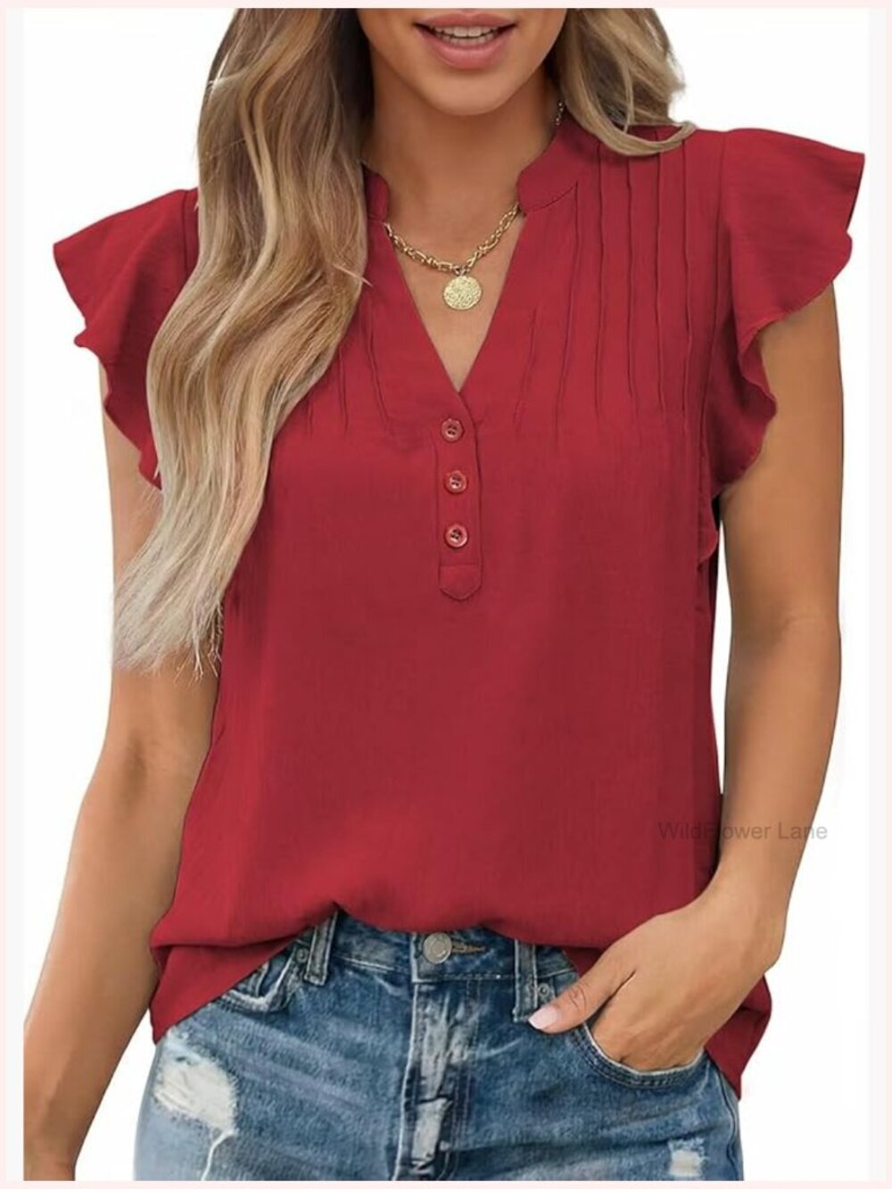 Ruffle Cap Sleeve Henley Blouse Button Front Pintuck Pleated Tunic Boho Top